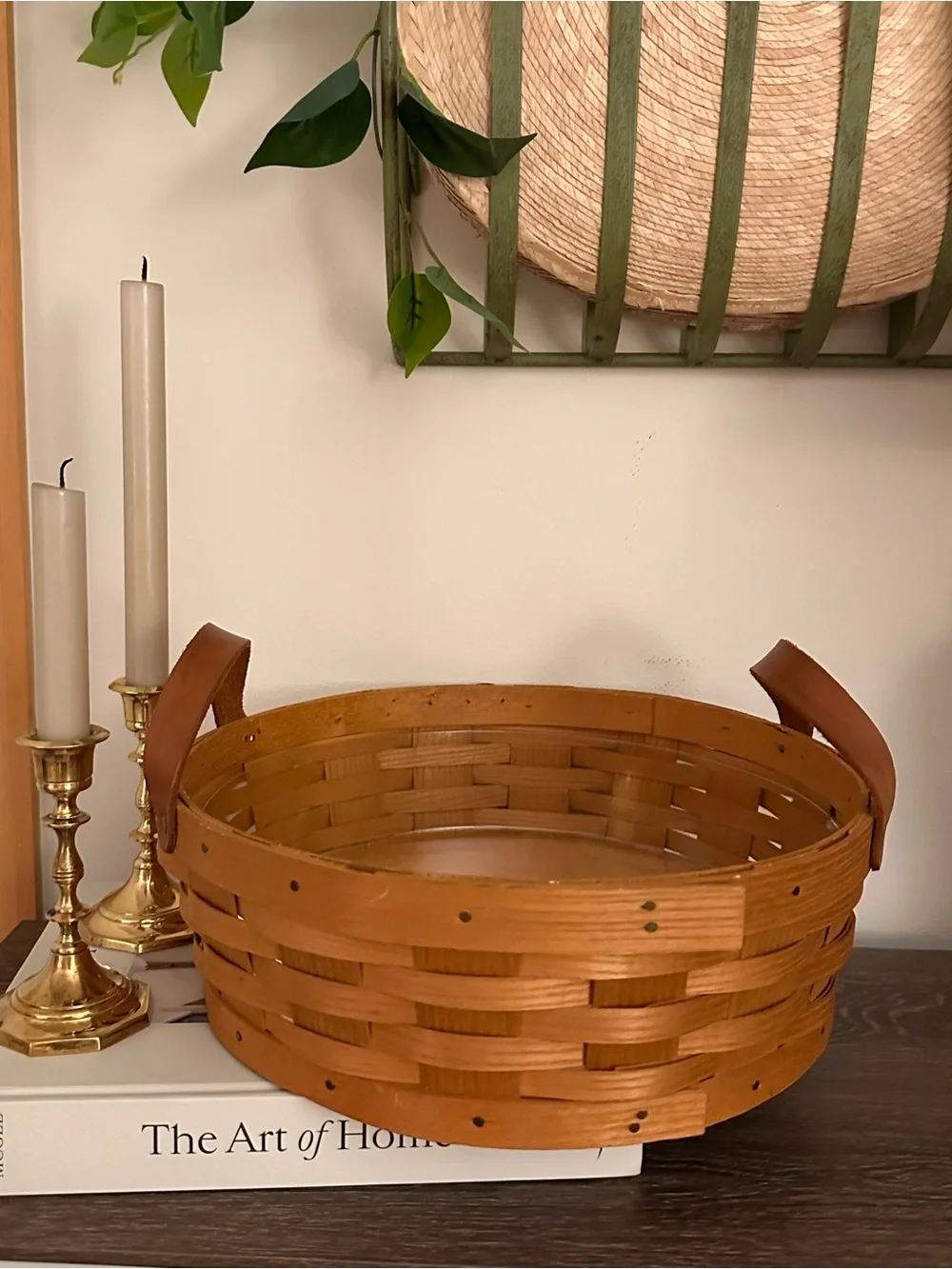 Vintage Peterboro Basket Co Round Woven Wood Basket Leather Handles USA
